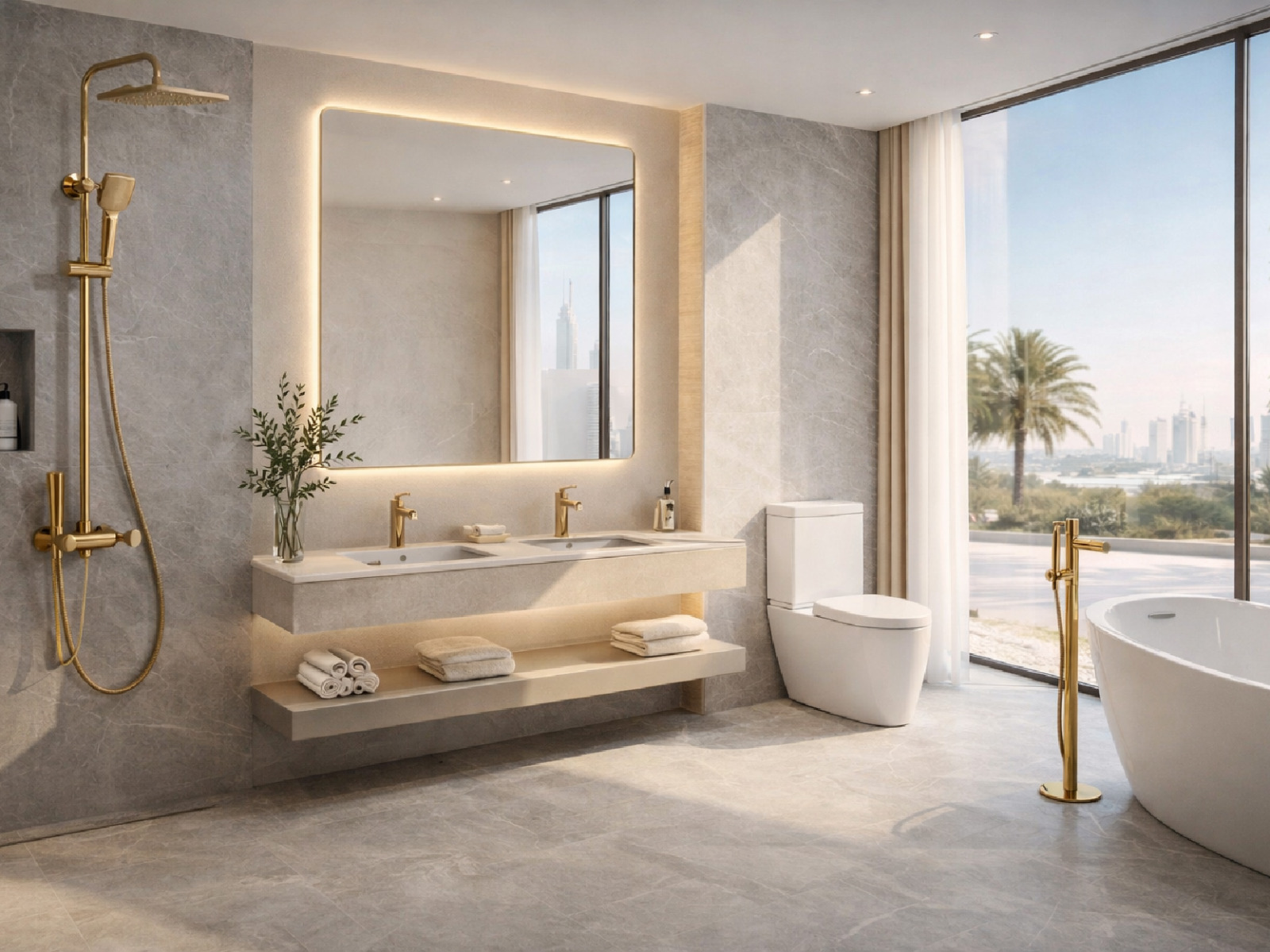 high end hotel bathroom with RAVENA luxury sanitary ware by Al Wakil authorized distributor UAE — حمام فندقي فاخر بمنتجات رافينا الإمارات