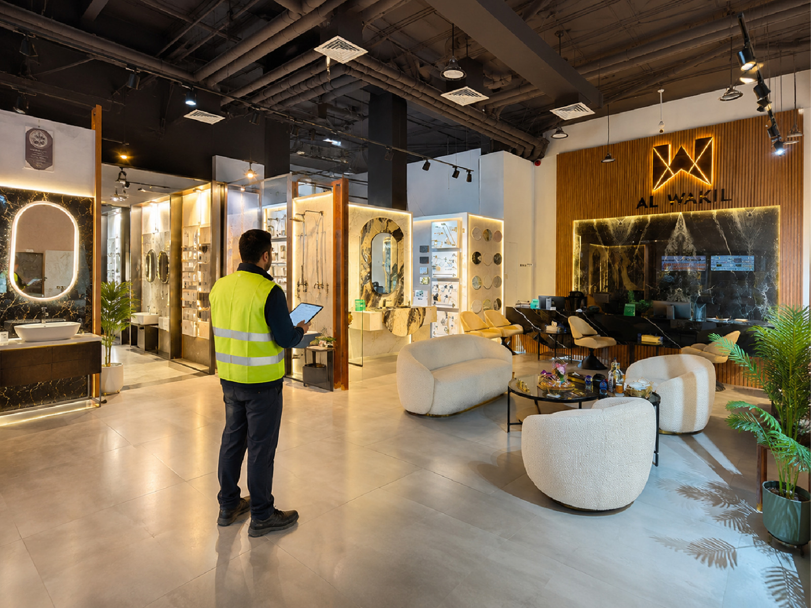 contractor inspecting premium sanitary ware products at Al Wakil showroom Industrial Area Sharjah — مقاول في صالة عرض الوكيل الشارقة
