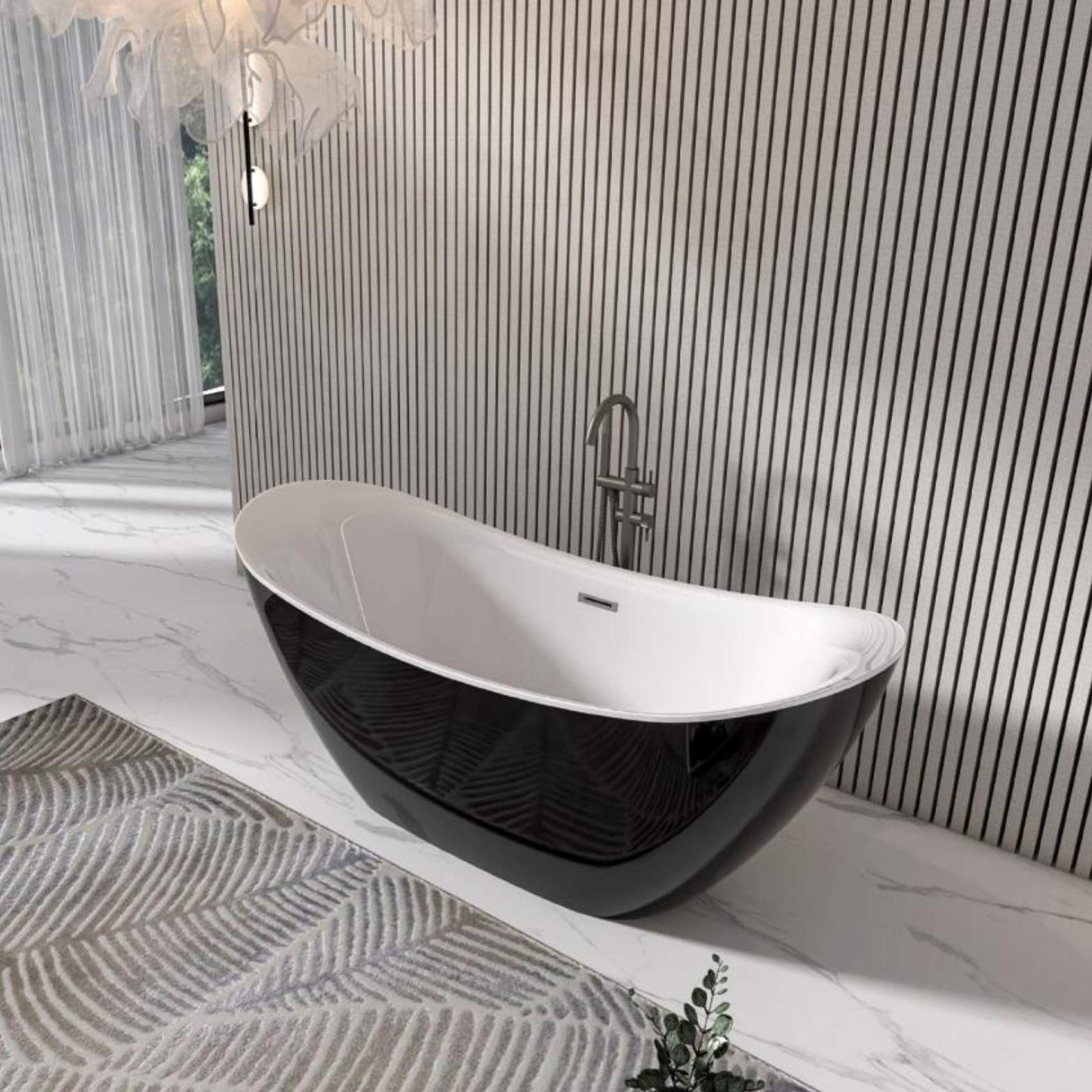 A modern, freestanding bathtub with a glossy black outer shell and a smooth white interior, positioned against a light-colored fluted accent wall on white marble flooring.