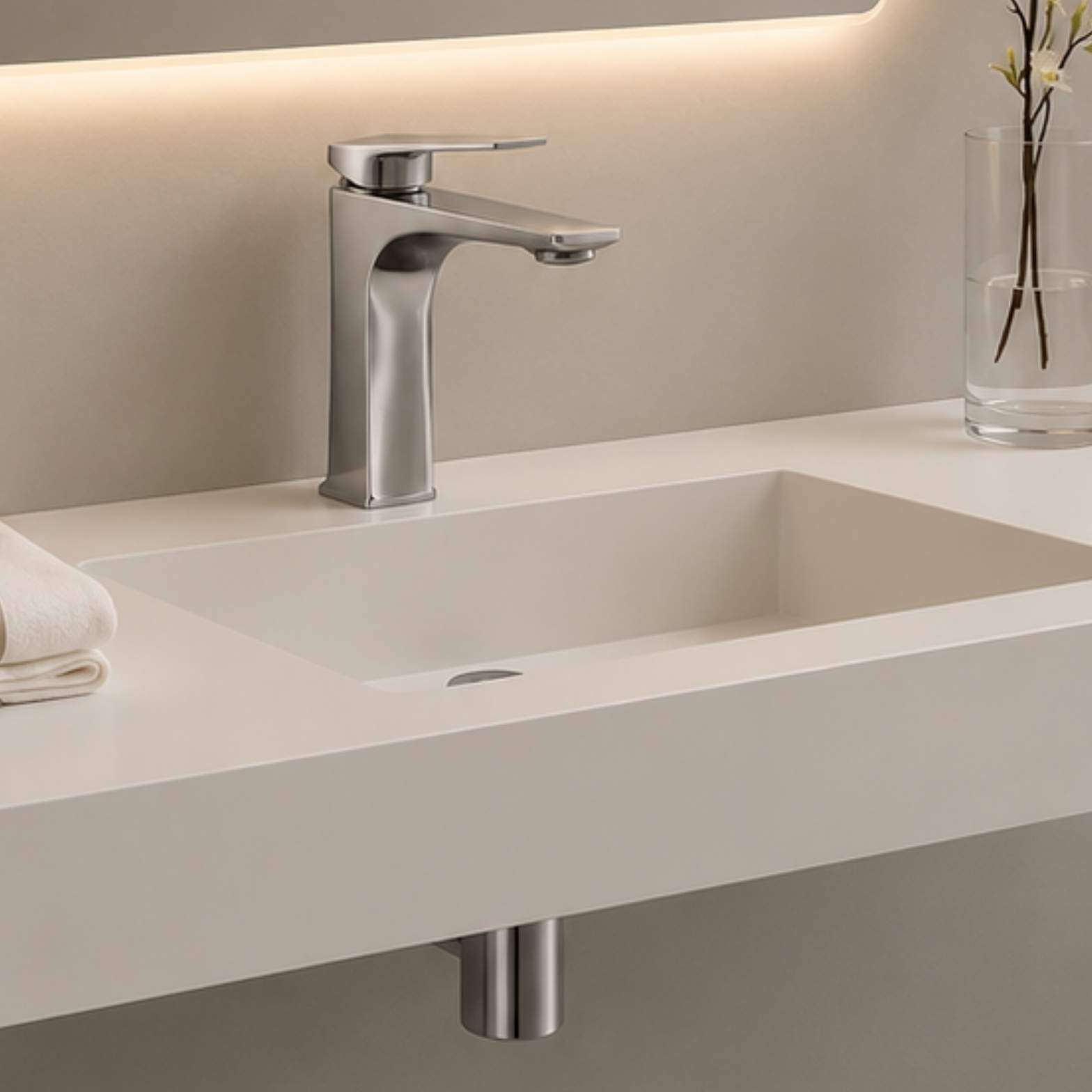 A polished chrome single-handle faucet mounted on a seamless white floating vanity countertop with an integrated rectangular sink.