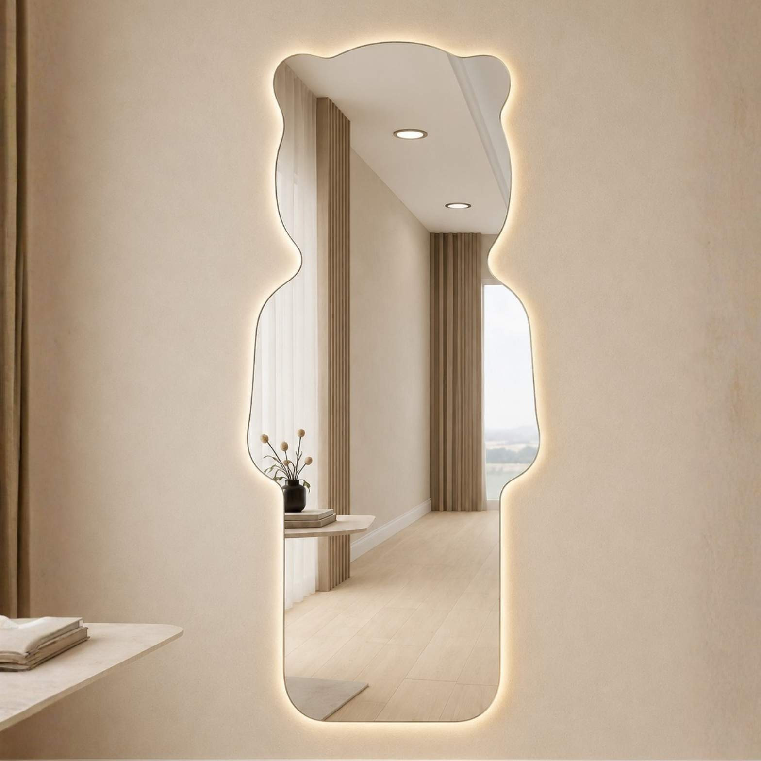 A full-length backlit smart mirror shaped like a bear silhouette, reflecting a minimalist modern hallway from alwakil.ae 