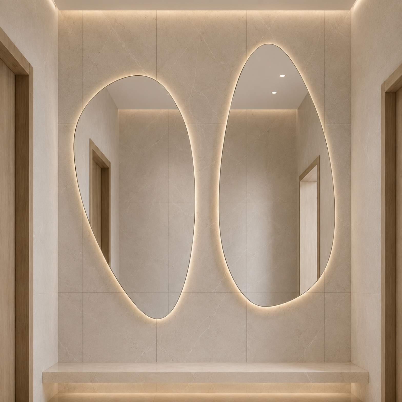 A pair of irregular oval-shaped backlit LED mirrors mounted on a beige tiled wall from alwakil.ae 