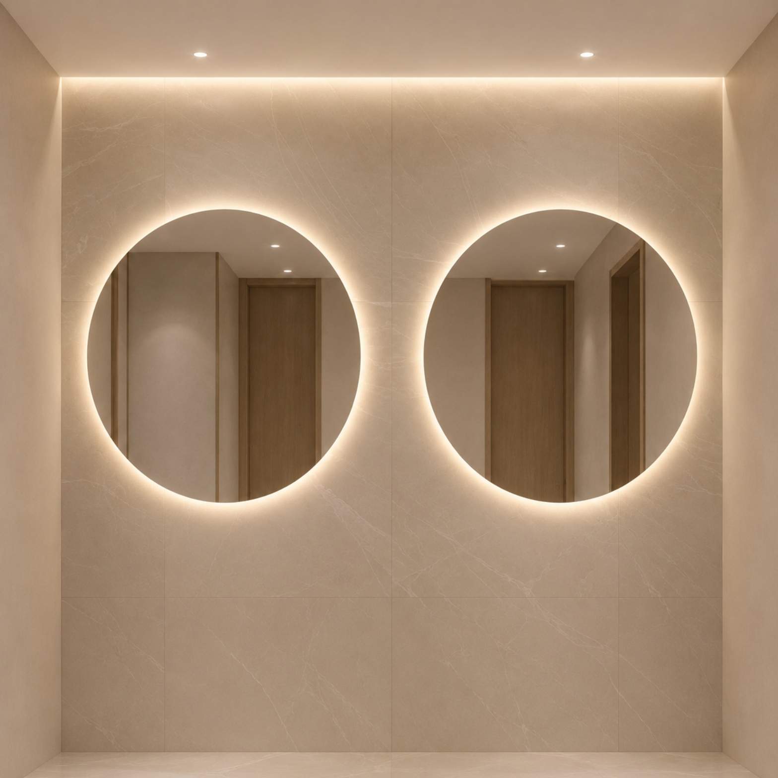 Two perfectly circular bathroom smart mirrors with glowing backlit frames on a beige marble wall from alwakil.ae 
