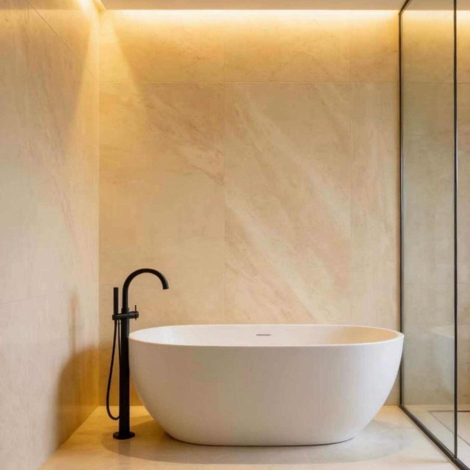An elegant oval freestanding white bathtub paired with a matte black floor-mounted faucet against beige marble walls.