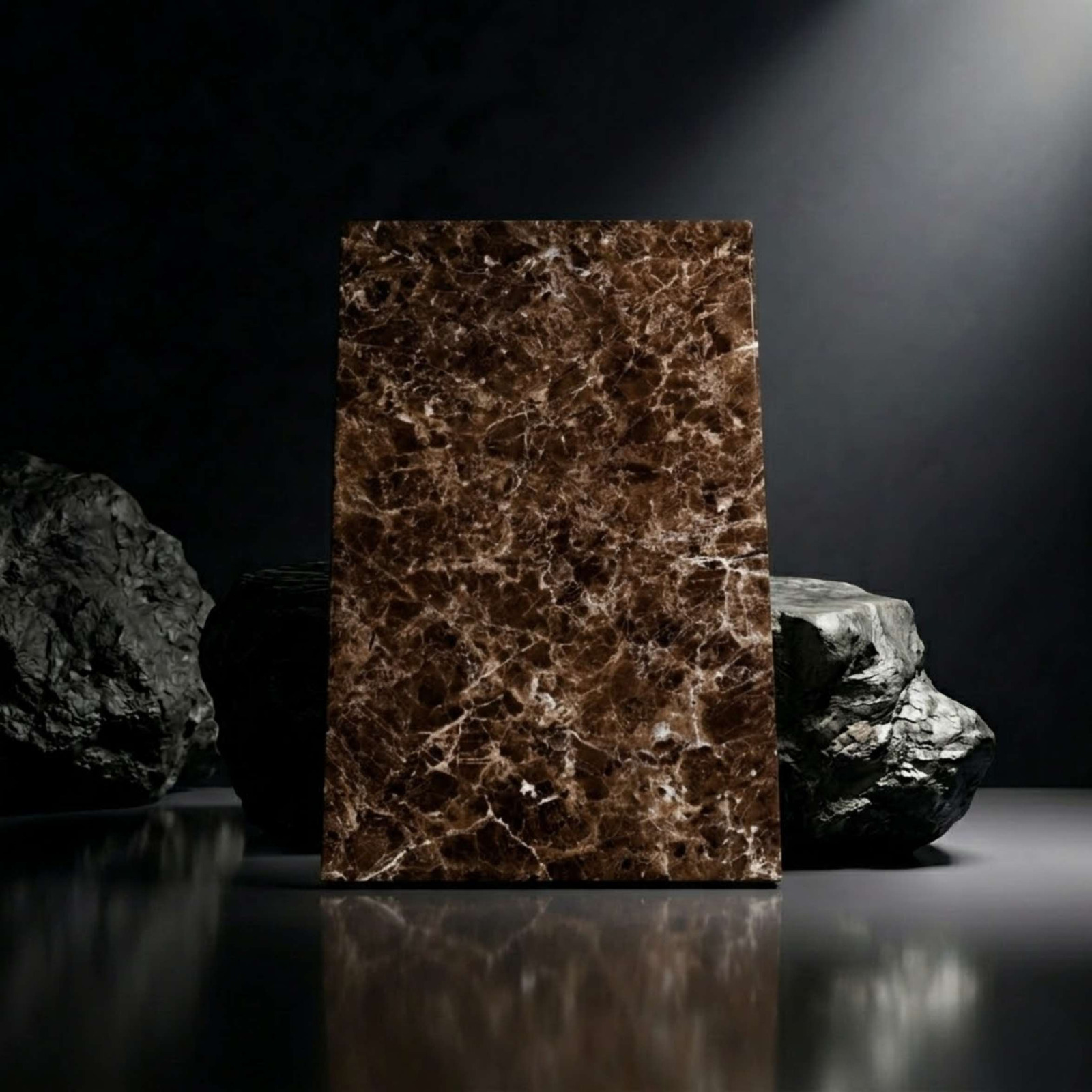 A vertical dark brown marble tile slab with white brecciated veining displayed against a moody black background with large textured stones from alwakil.ae