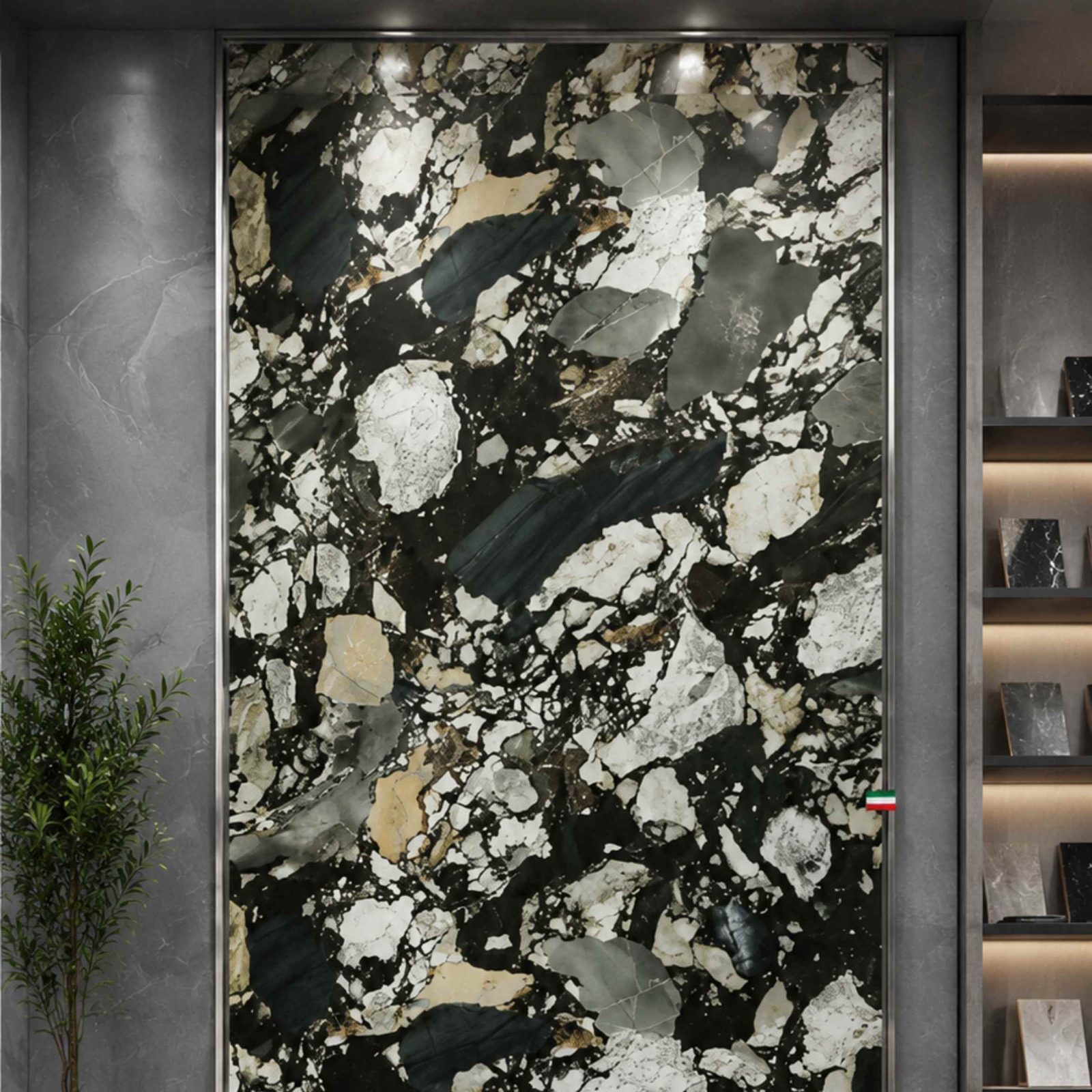 A dramatic full-height bookmatched wall installation showcasing chaotic black, white, and gold brecciated granite stone patterns from alwakil.ae