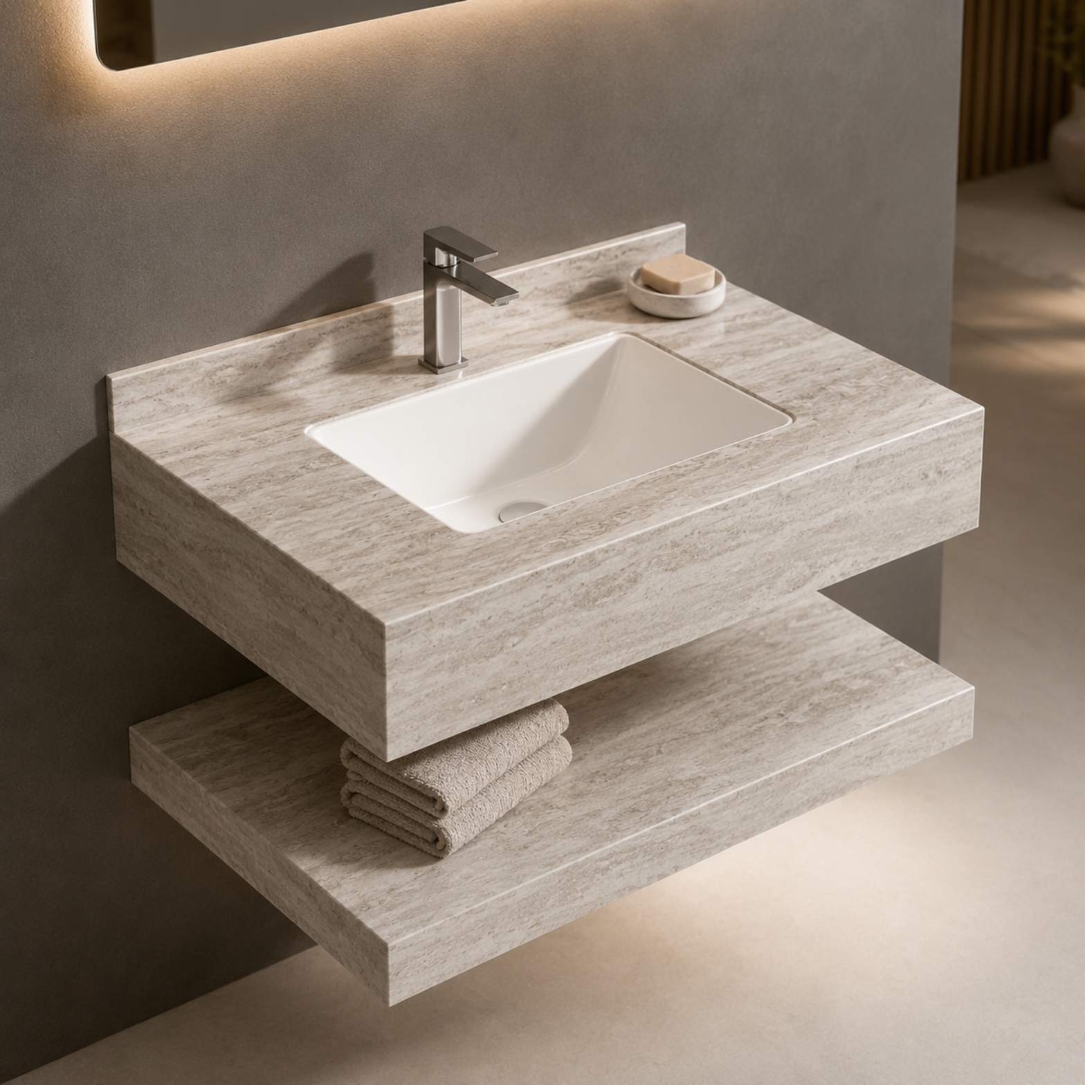 A floating bathroom vanity made of beige veined travertine stone with an undermount white sink and a matching lower open shelf holding folded towels.