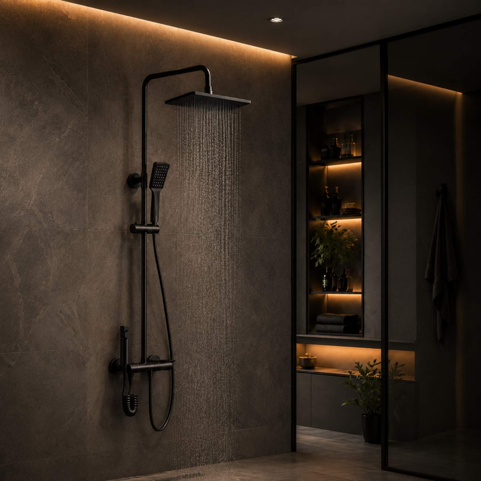 A sleek matte black rainfall shower system running water, mounted on dark grey textured tile walls in a luxury bathroom with warm ambient cove lighting.
