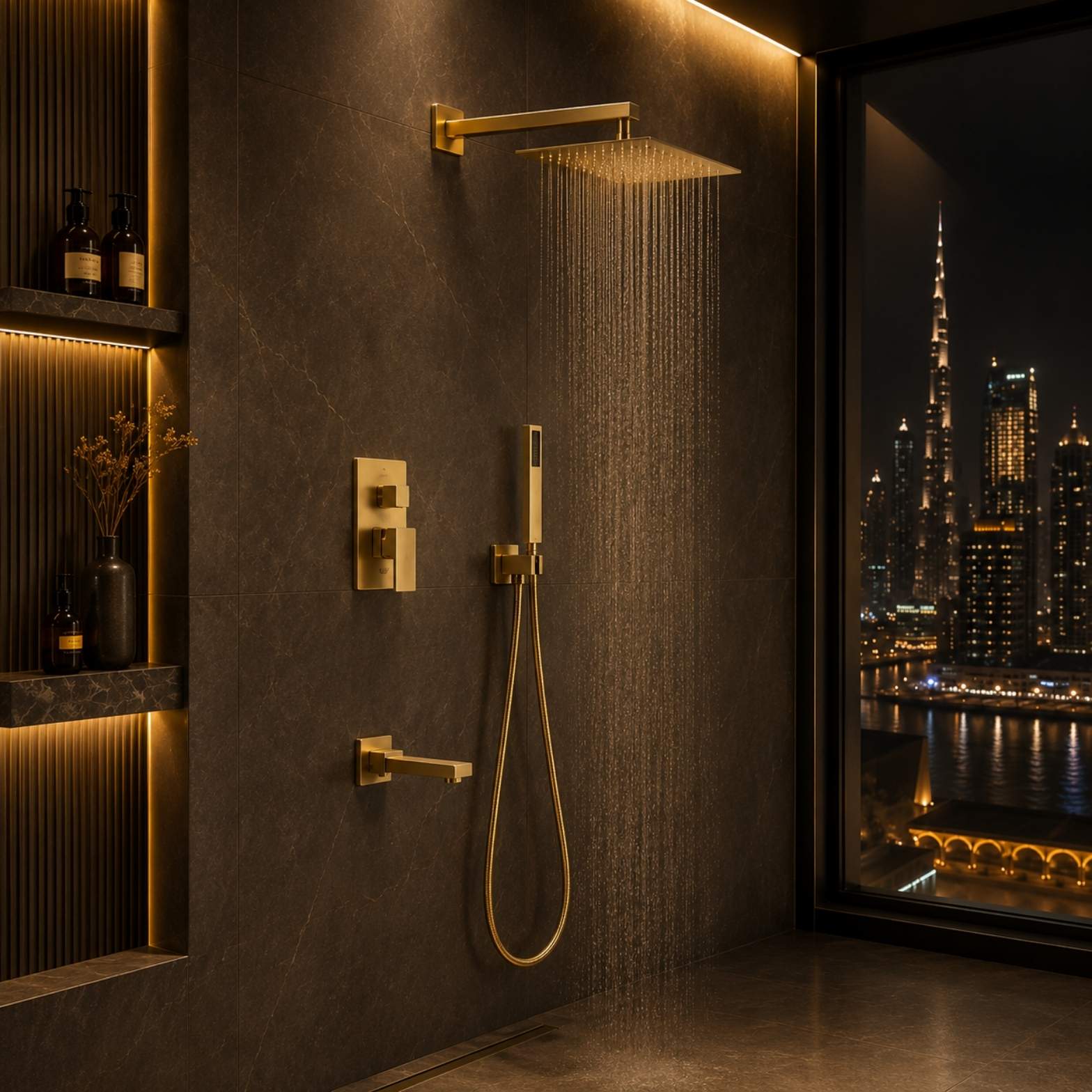 A brushed gold rainfall shower system mounted on dark marble tiles next to a window showing a lit city skyline at night.
