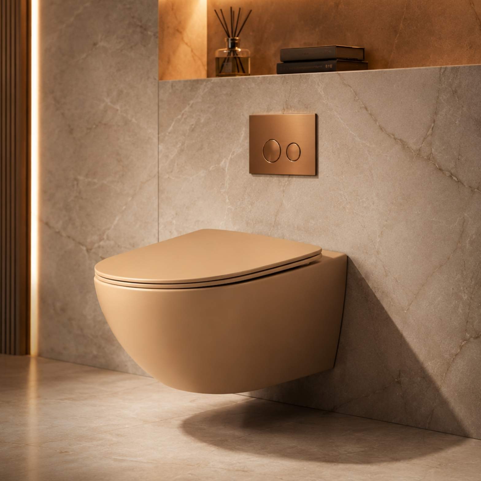 A contemporary matte beige wall-hung toilet with a matching closed lid, mounted on a textured beige marble wall beneath a bronze dual-flush button plate.